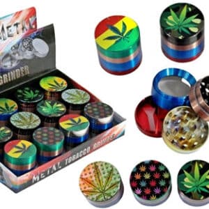 Metal Tobacco 4pc Grinder - Anodized Leaf Design 12pk