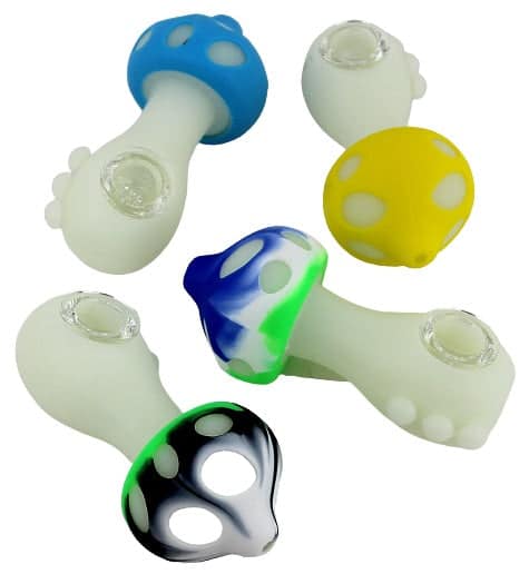 5ct Mushroom Glow Silicone Hand Pipe with Glass Bowl