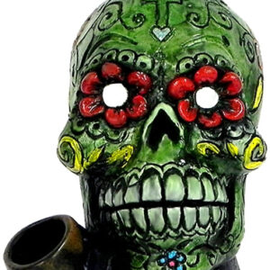 Pichincha Hand Crafted Medium Hand Pipe - Green Sugar Skull