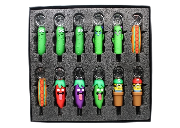 Straight Glass Cartoon Character Hand Pipe 12pc Set